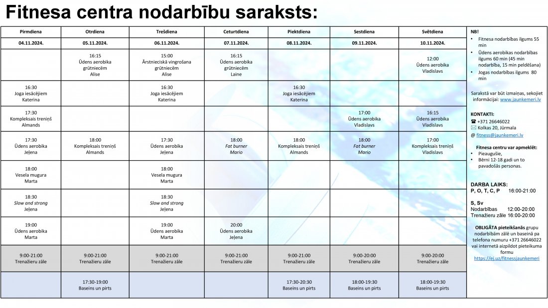 Nodarbību saraksts no 4.11.2025. līdz 10.11.2024.