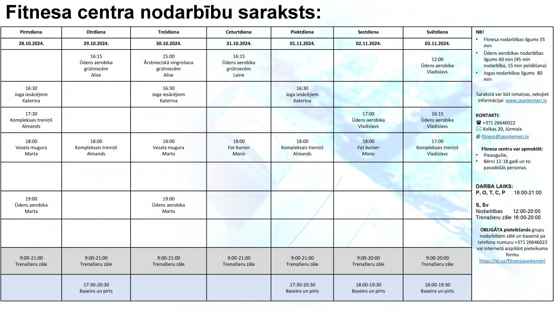 Nodarbību saraksts no 28.10.2024. līdz 3.11.2024