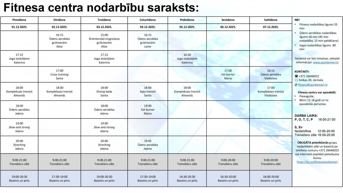 Nodarbību saraksts no 1.12.2025. līdz 7.12.2025.