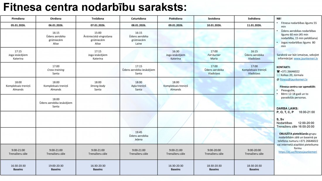 Nodarbību saraksts no 5.01.2026. līdz 11.05.2026.
