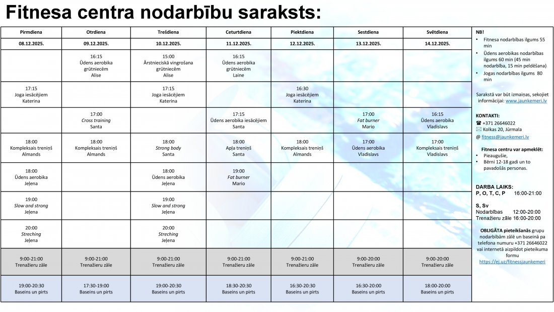 Nodarbību saraksts no 8.12.2025. līdz 14.12.20265