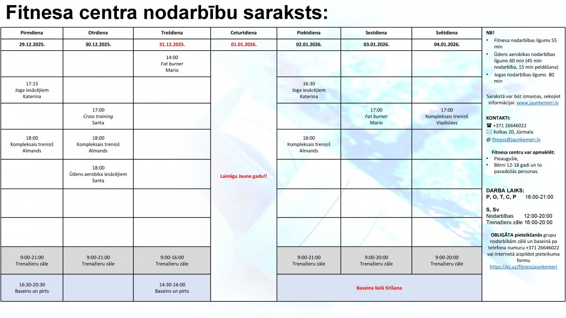 Nodarbību saraksts no 29.12.2025. līdz 4.01.2026.
