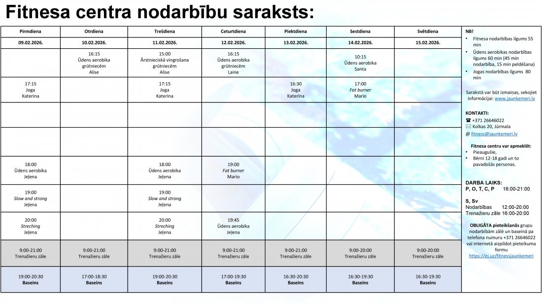 Nodarbību saraksts no 9.02.2026. līdz 15.02.2026.