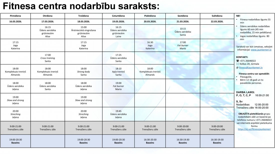 Nodarbību grafiks no 16.03.2026. līdz 22.03.2026.