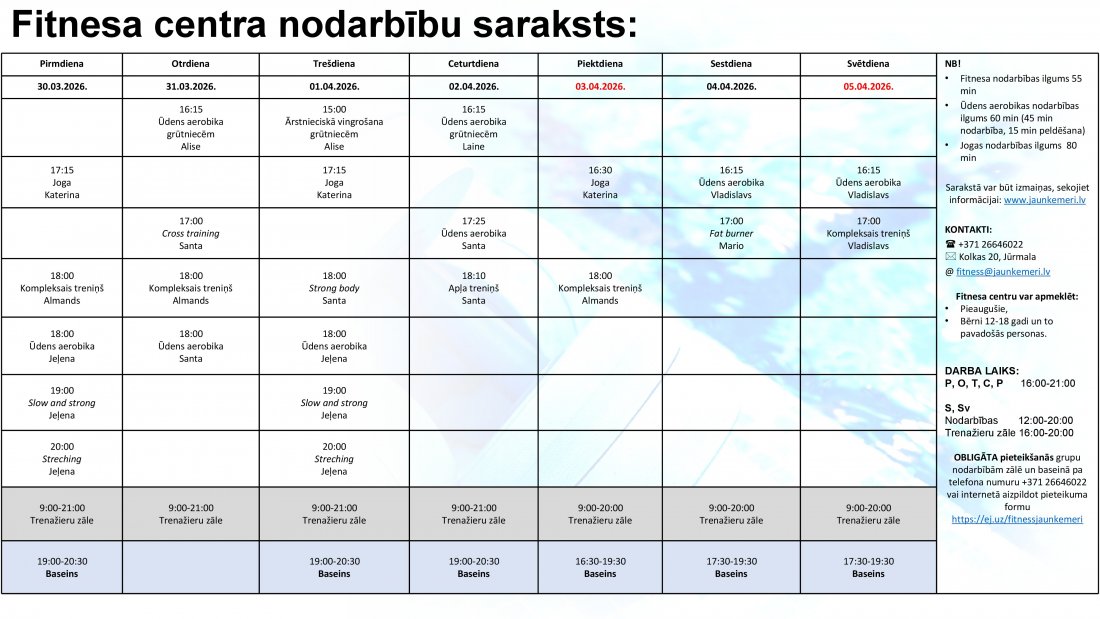 Nodarbību grafiks no 30.03.2026. līdz 5.04.2026.
