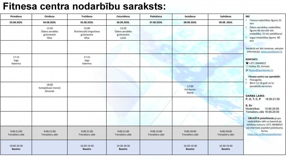 Nodarbību grafiks no 3.08.2026. līdz 9.08.2026.