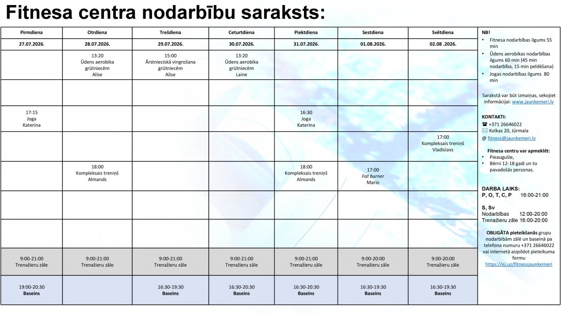 Nodarbību saraksts no 27.07.2026. līdz 2.08.2026.