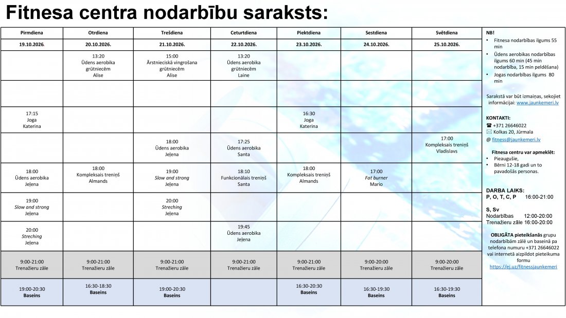 Nodarbību saraksts no 19.10.2026. līdz 25.10.2026.