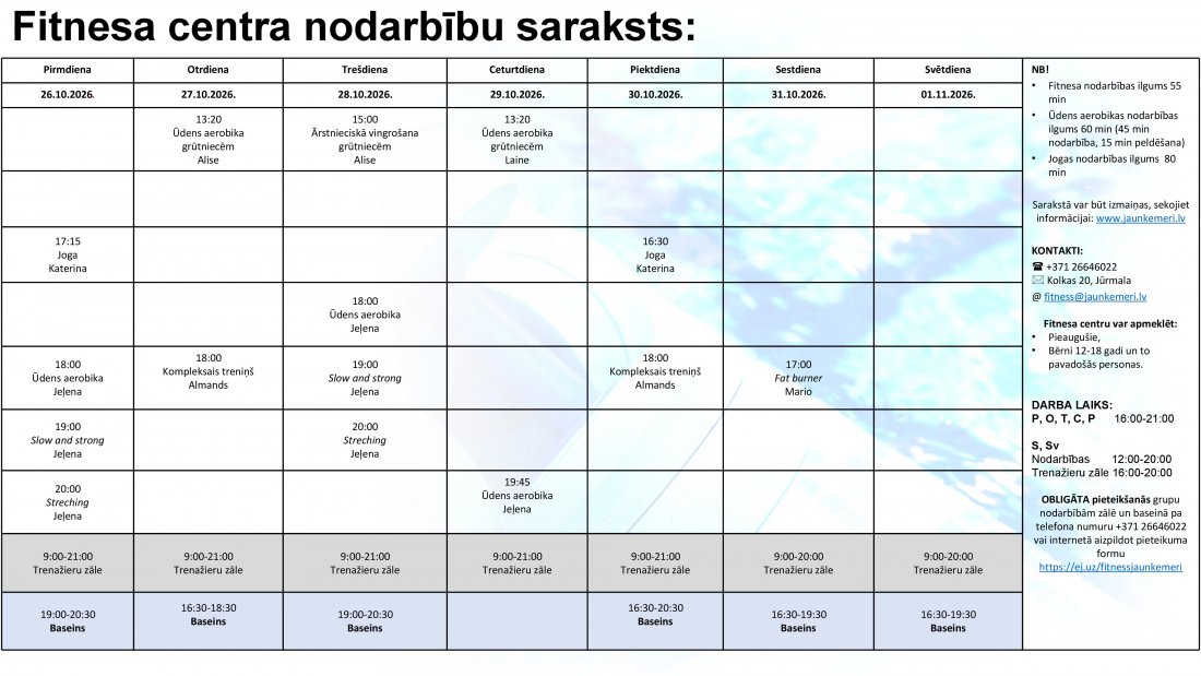 Nodarbību saraksts no 26.10.2026. līdz 1.11.2026.